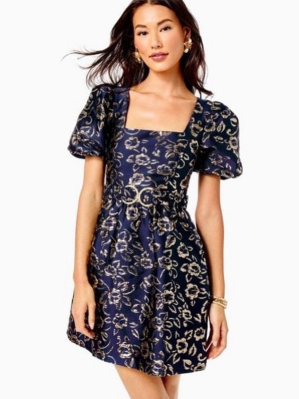 Lilly Pulitzer Kasslyn Dress Navy Gold Floral Brocade Size 2
